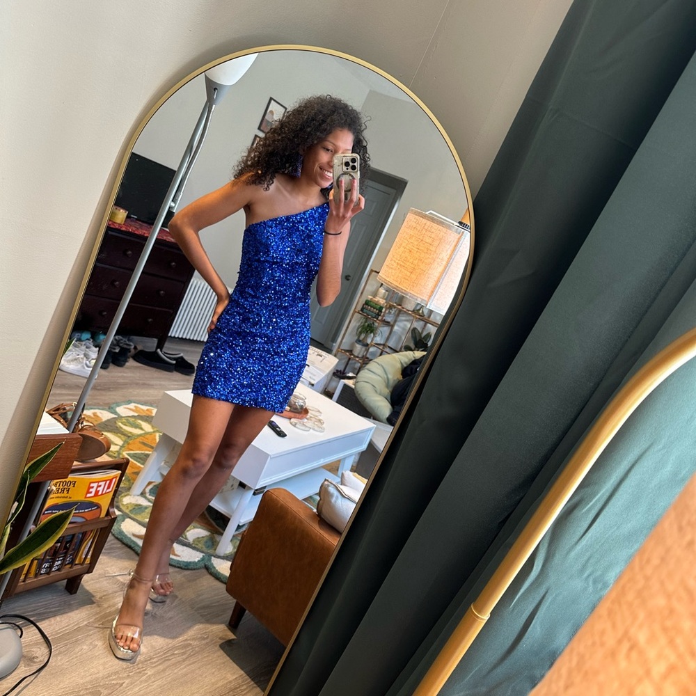 Jovani one shoulder Blue Sequin cocktail Dress